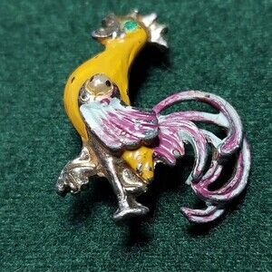 Chicken Pin Yellow enamel body- Green Rhinestone Eye 1"